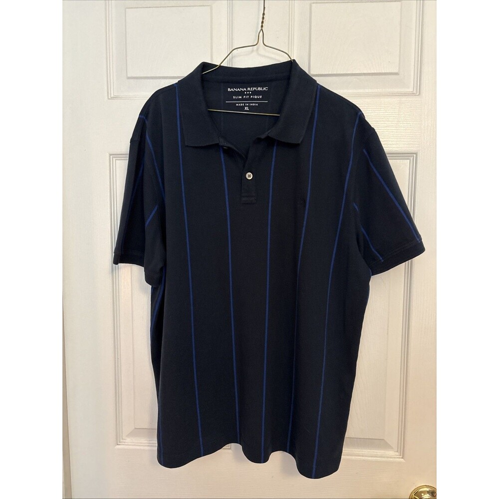 Banana Republic Polo Shirt Mens Blue Striped Slim Fit Pique Adult Classic, Sz XL